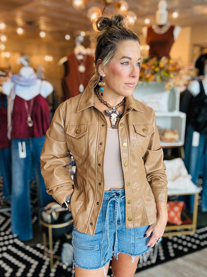 CINCHED SLV FAUX LEATHER PEPLUM SHIRT JACKET