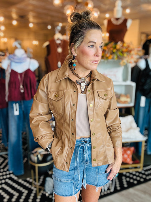 CINCHED SLV FAUX LEATHER PEPLUM SHIRT JACKET