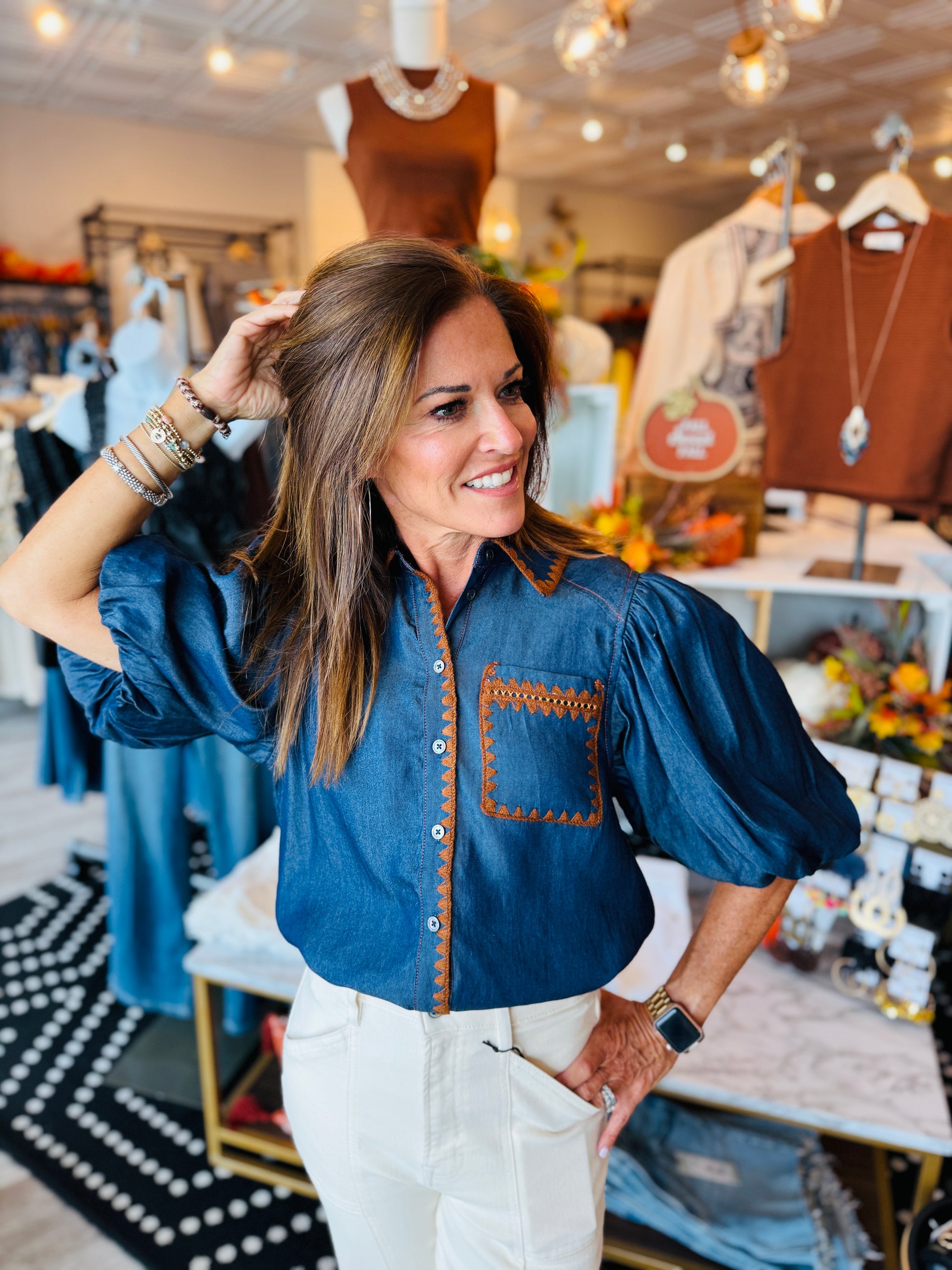 THML PUFF SLV DENIM BUTTON UP TOP