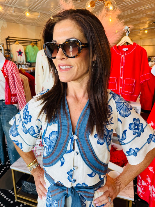 AYLAYA ELLA PRINTED PATCHWORK DENIM TOP