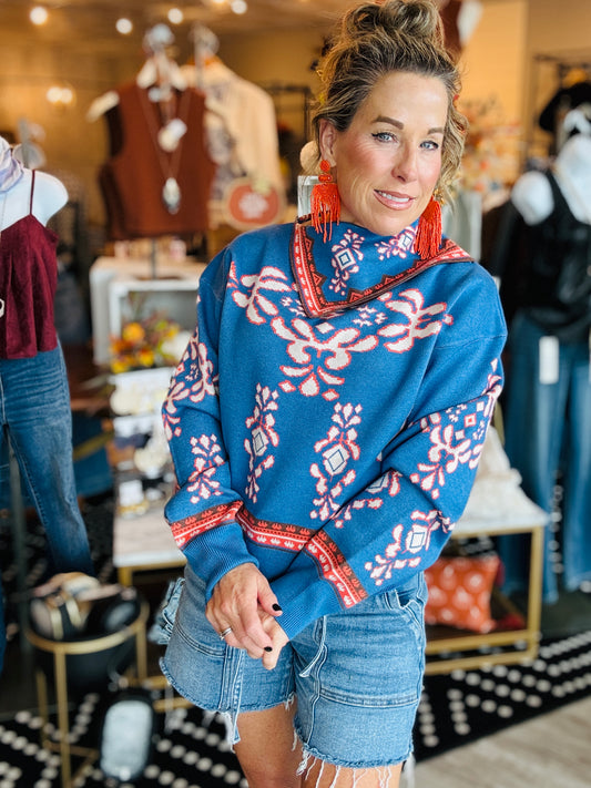 ABSTRACT PRINT FOLD COLLAR SWEATER