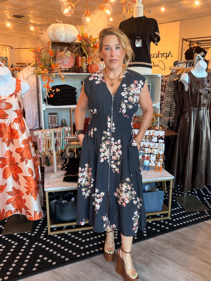 SLEEVELESS FLORAL ZIPPER MIDI DRESS