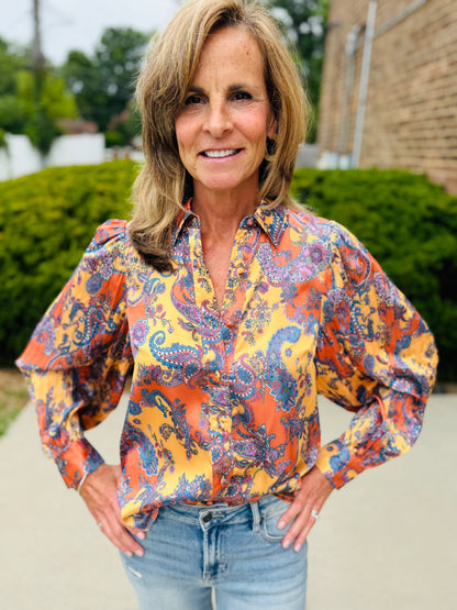 CURRENT AIR PAISLEY PLEATED SLEEVE BLOUSE