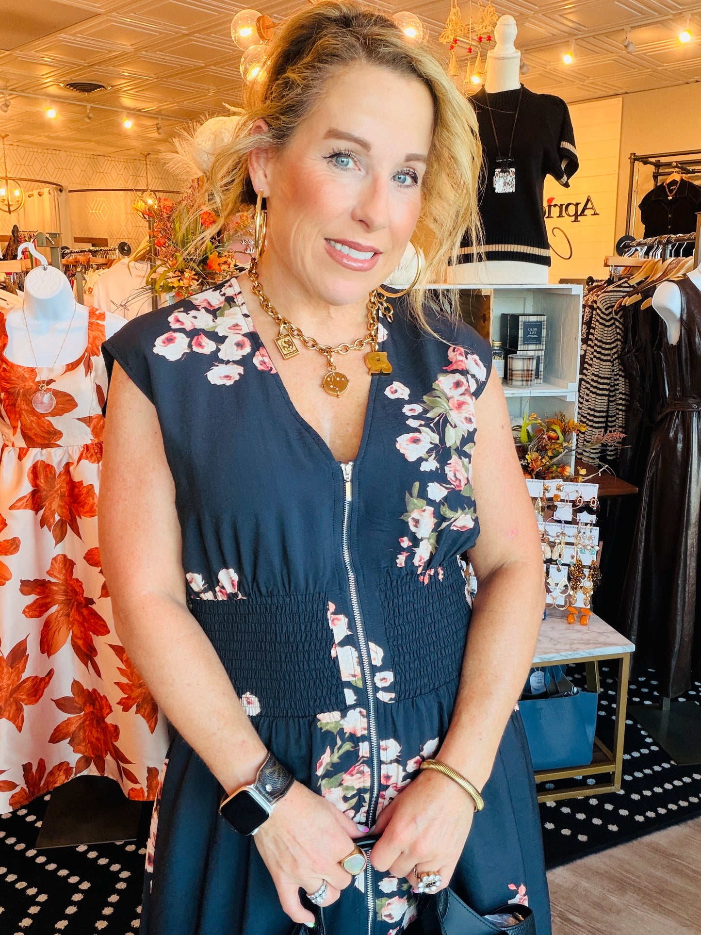 SLEEVELESS FLORAL ZIPPER MIDI DRESS