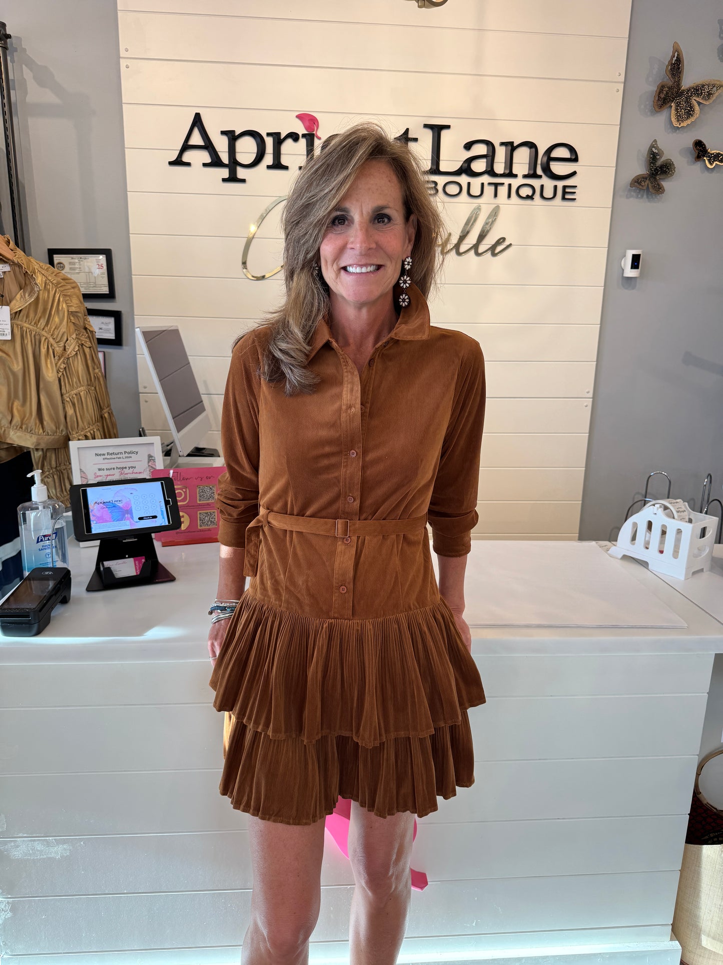 COLLARED COURDROY PLEATED SKIRT DRESS