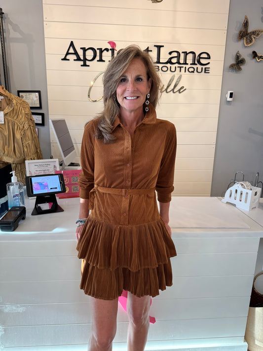 COLLARED COURDROY PLEATED SKIRT DRESS