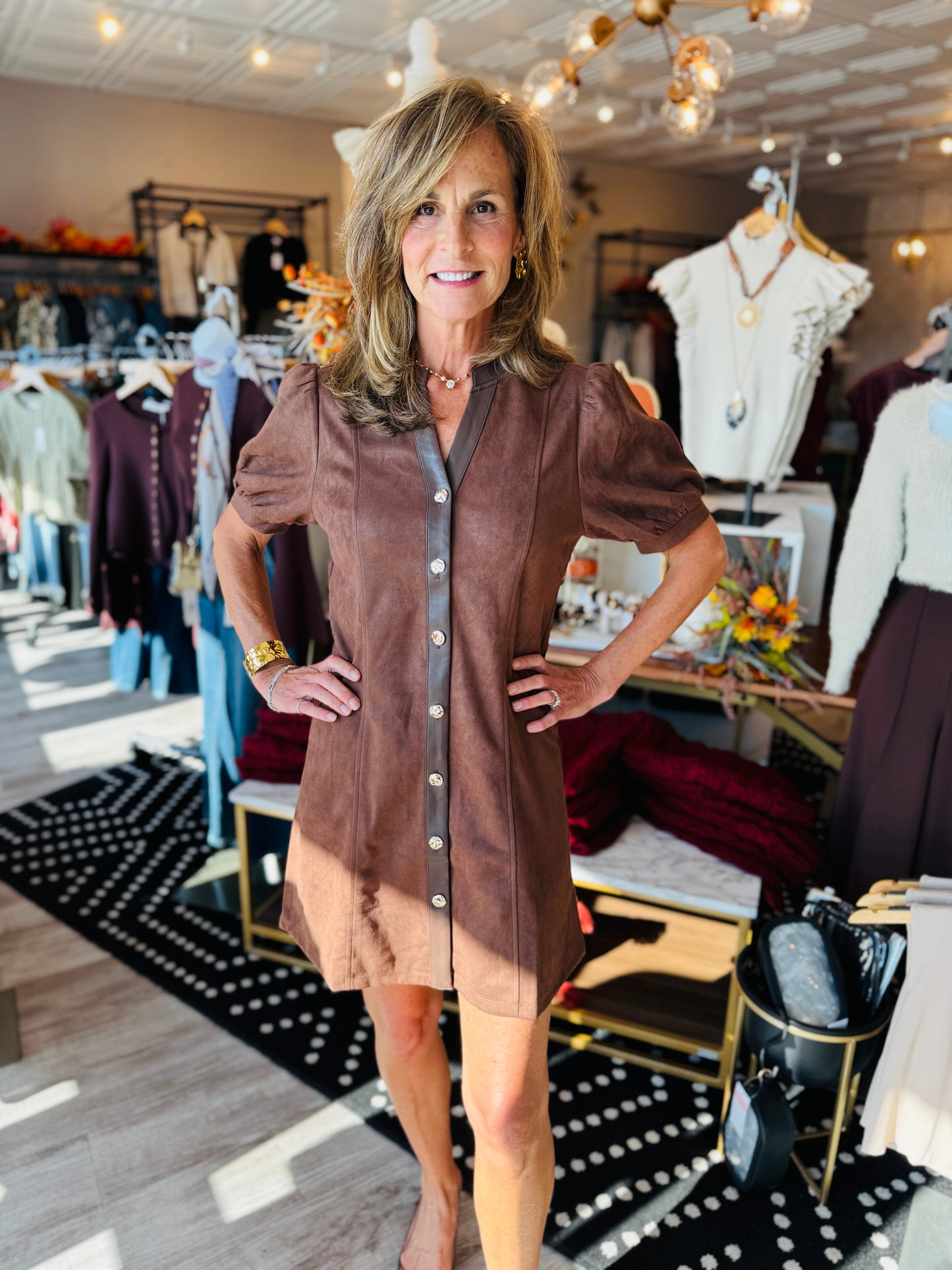 THML PUFF SLV V NECK BUTTON UP SUEDE DRESS