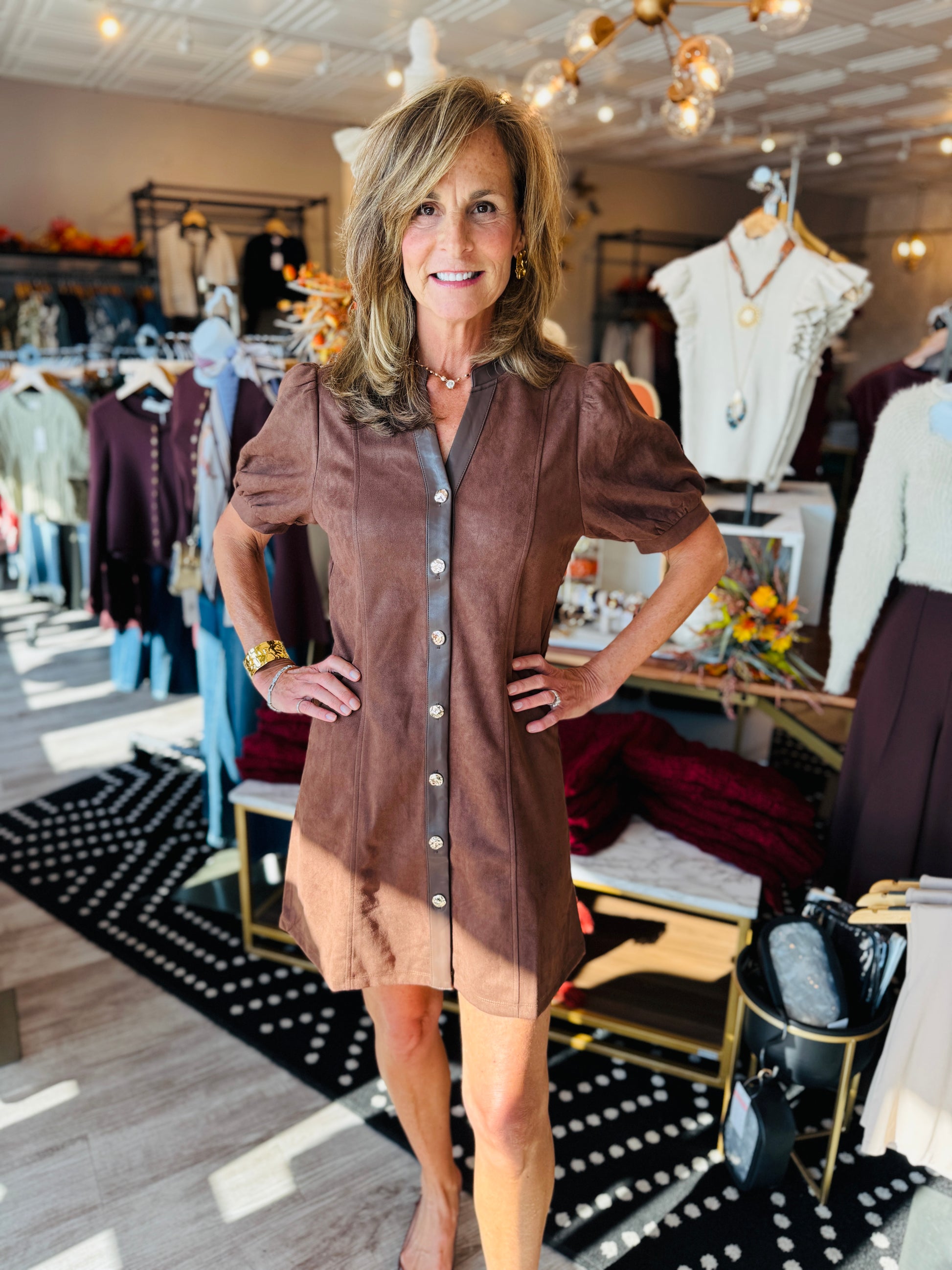 THML PUFF SLV V NECK BUTTON UP SUEDE DRESS