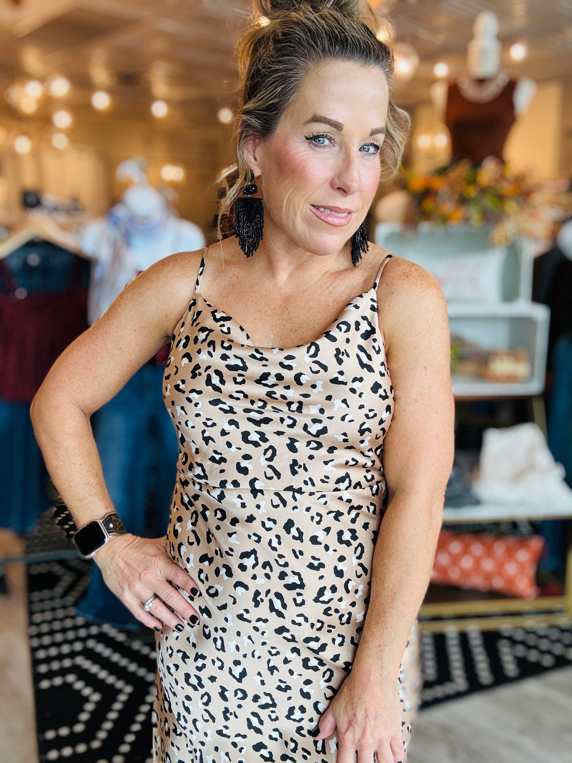 SKIES ARE BLUE LEOPARD SATIN DRESS
