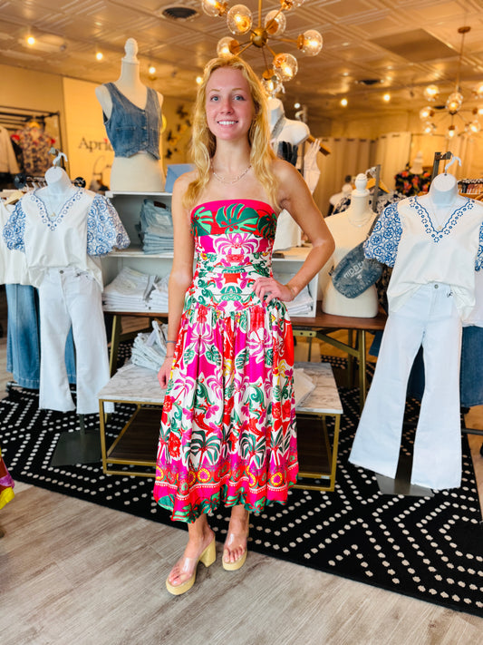CIEBON TROPICAL PRINT STRAPLESS MAXI DRESS