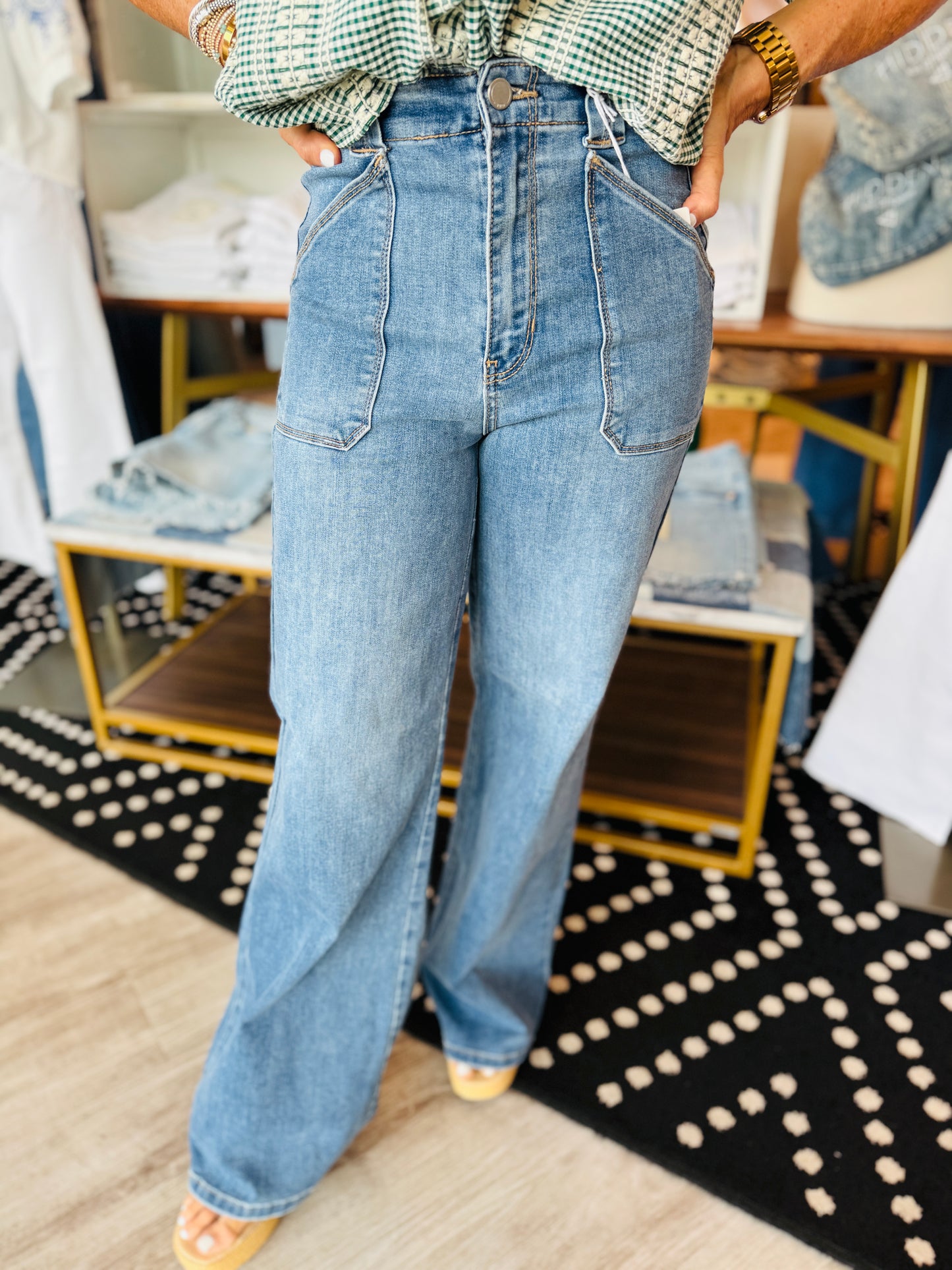 JUST BLACK PATCH POCKET WIDE LEG FLARE JEANS