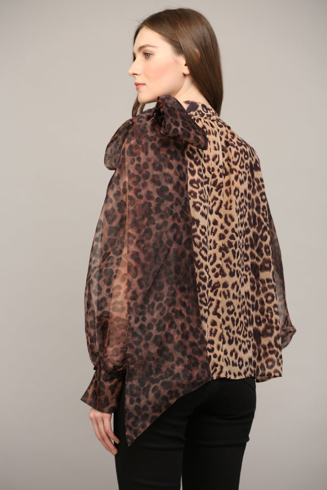 FATE ANIMAL PRINT SHEER BOW BLOUSE