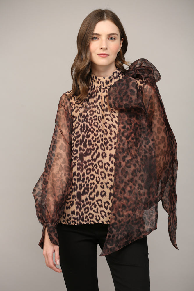 FATE ANIMAL PRINT SHEER BOW BLOUSE