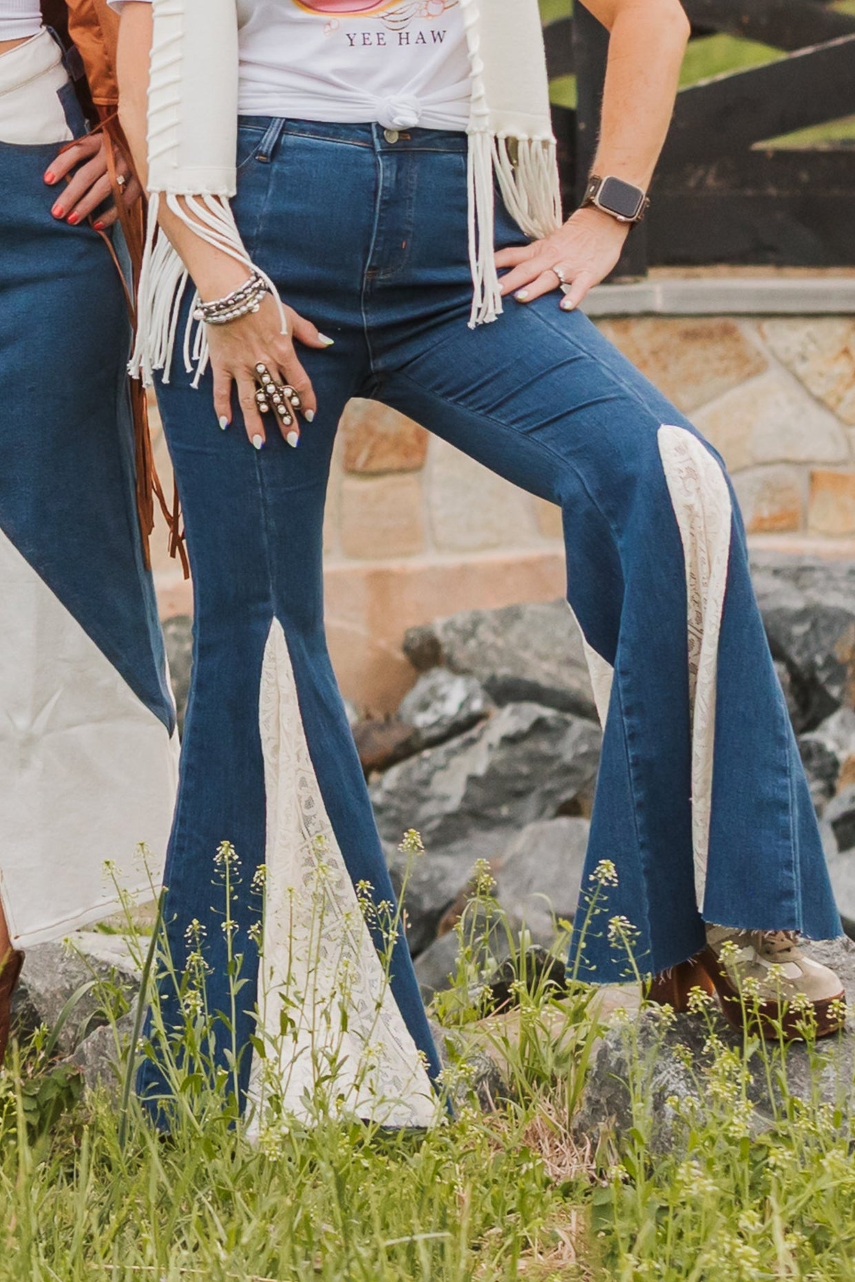 DENIM AND LACE BELL BOTTOM JEANS – Apricot Lane Boutique