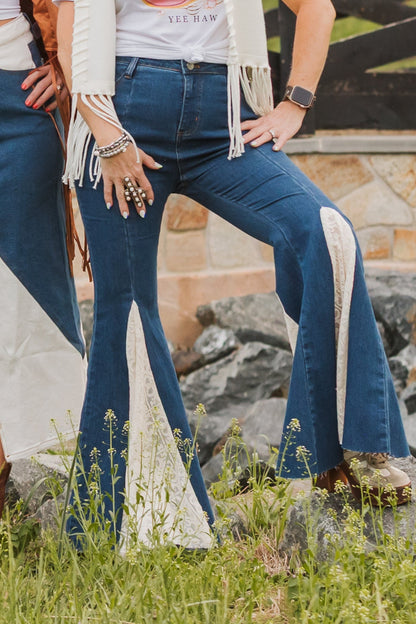 DENIM AND LACE BELL BOTTOM JEANS