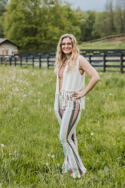 MULTI STRIPED BELL BOTTOM DENIM